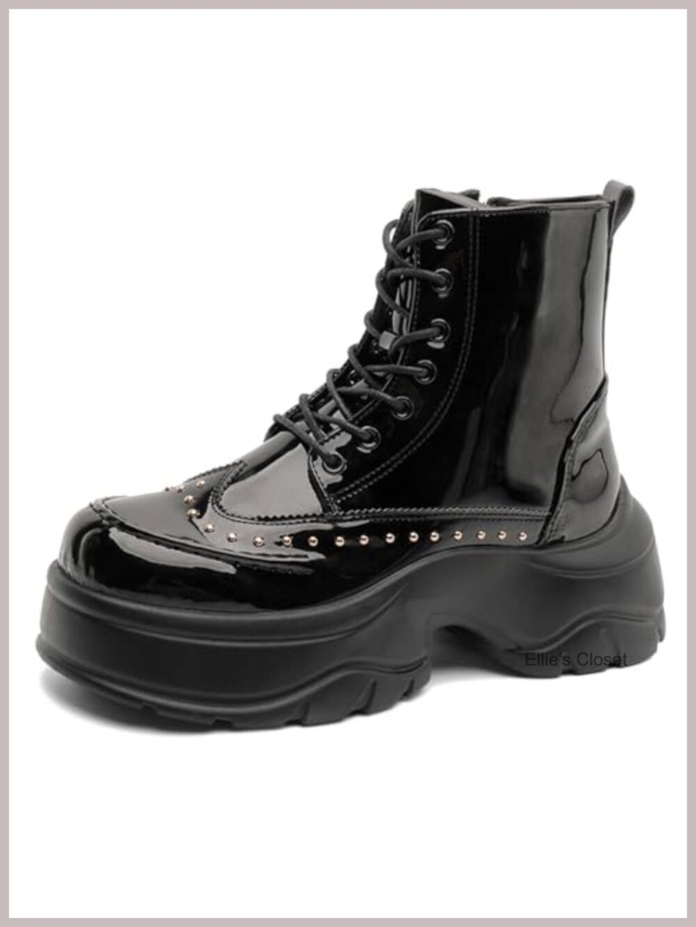 Patent Leather Rivet Platform Motorcycle Boots Side Zipper Chunky Heel Goth